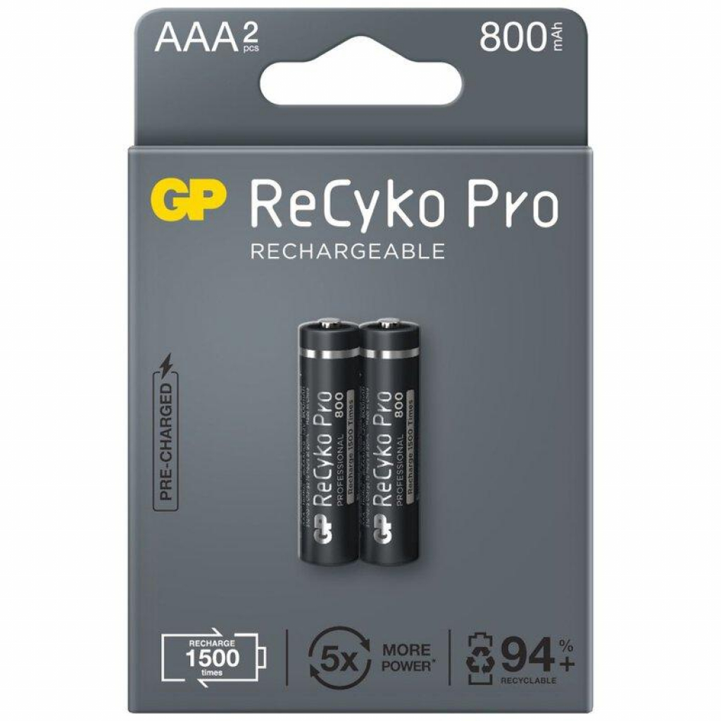 Батерия GP R03 AAA 850mAh, NiMH, 85AAAHCB-EB2 RECYKO+ PRO, До 1500 цикъла, 2 бр.на ниска цена с бърза доставка