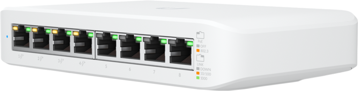 Комутатор/Суич UBIQUITI Lite 8 PoE; (4) GbE PoE+, (4) GbE ports; 52W total PoE availability; Wall mountable.на ниска цена с бърза доставка - BestPC.BG