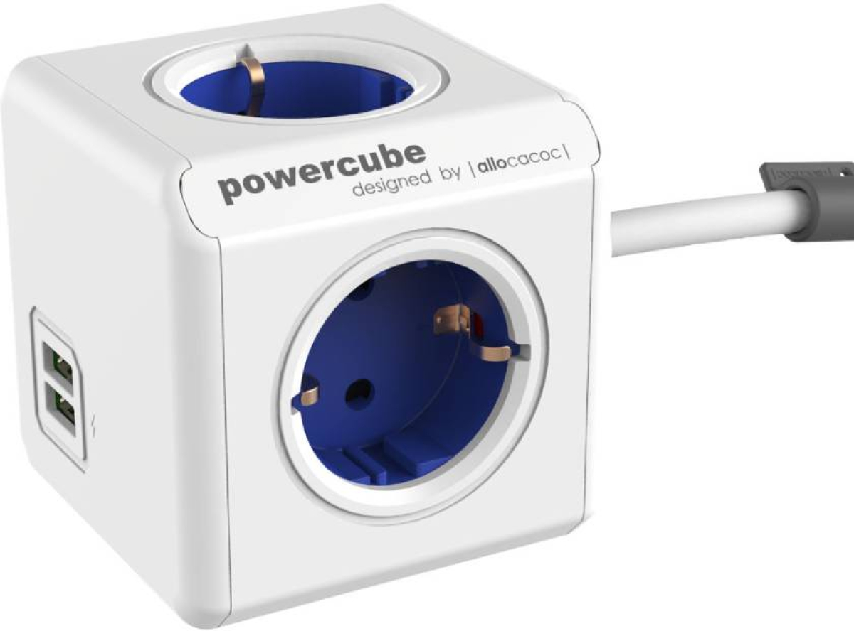 Контакт Allocacoc PowerCube Extended 1402BL разклонител, 4 гнезда, USB, 1.5м кабел, синна ниска цена с бърза доставка - BestPC.BG