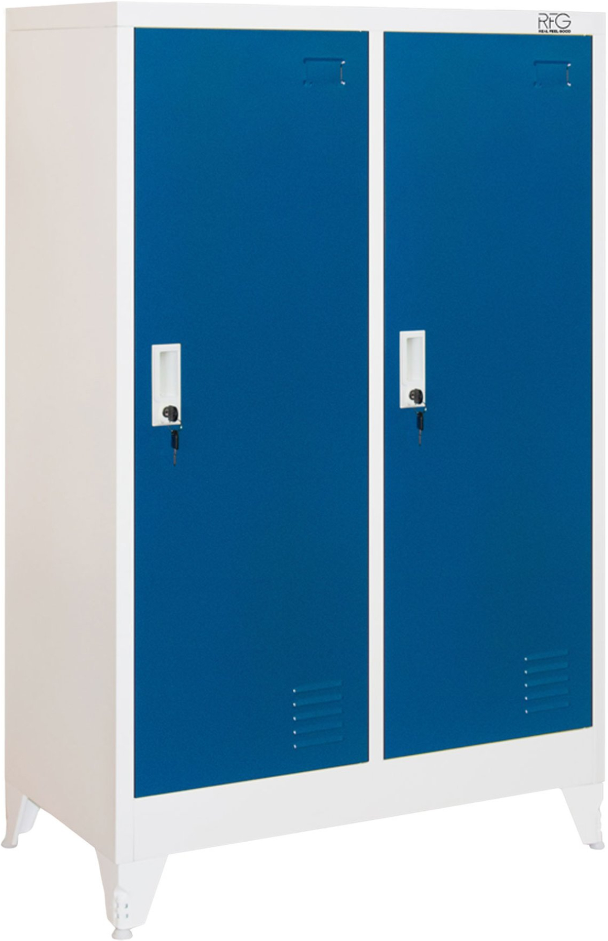 Гардероб RFG, метален, двоен, с две врати, 80 х 40 х 120 cm, бял, със сини вратина ниска цена с бърза доставка - BestPC.BG