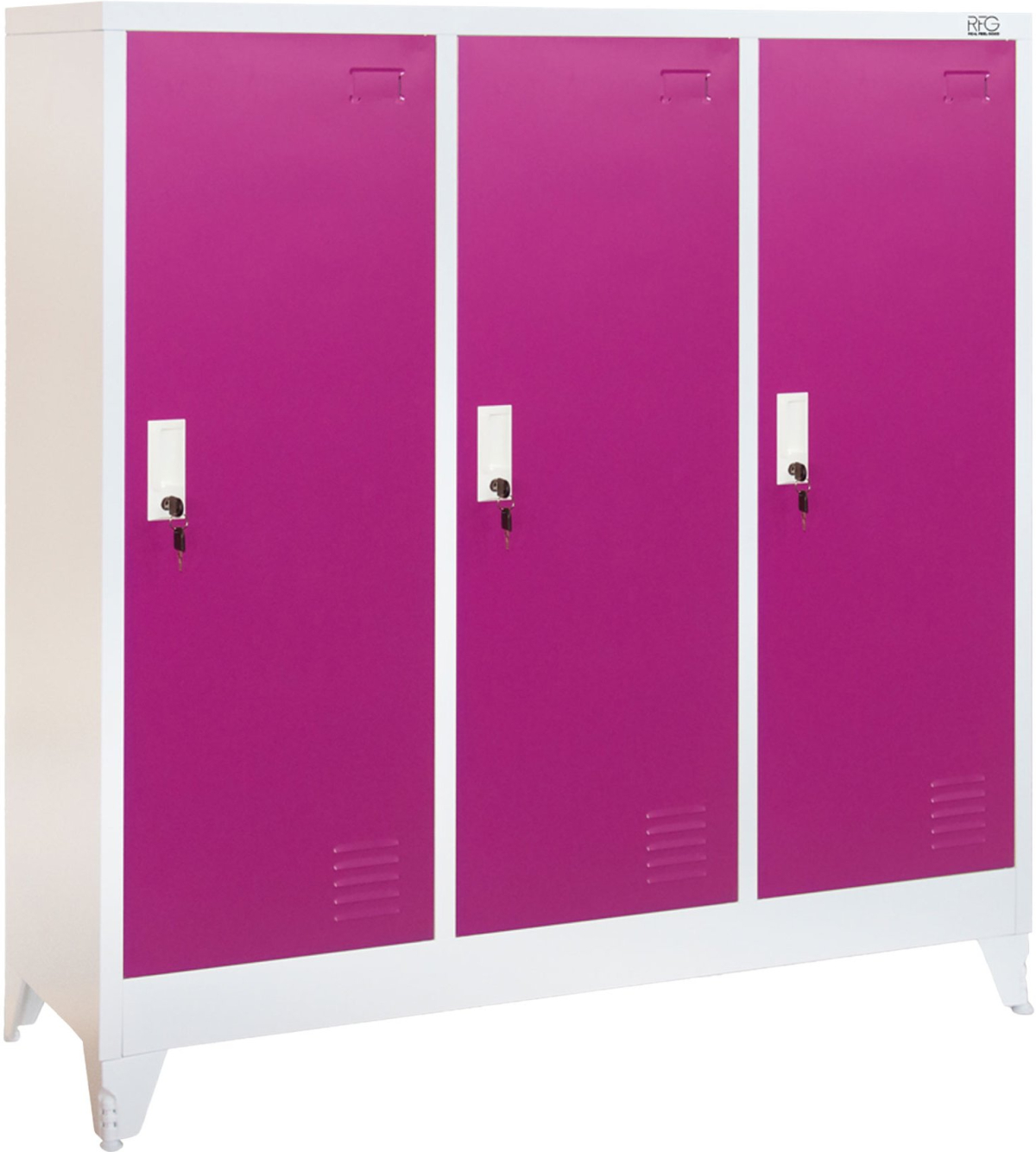 Гардероб RFG, метален, троен, с три врати, 120 х 40 х 120 cm, бял, с лилави вратина ниска цена с бърза доставка - BestPC.BG