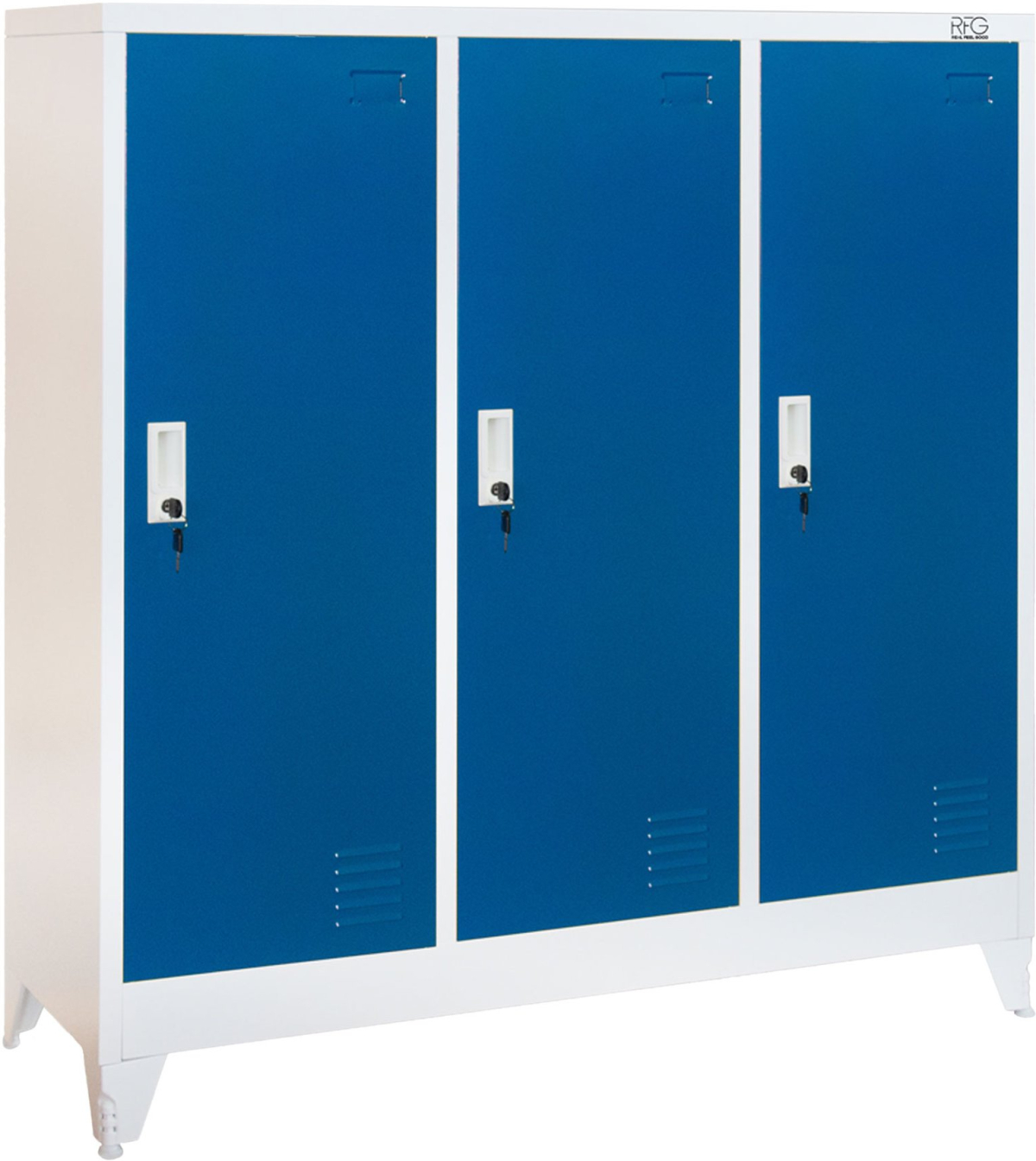 RFG Гардероб, метален, троен, с три врати, 120 х 40 х 120 cm, Бял със сини вратина ниска цена с бърза доставка - BestPC.BG