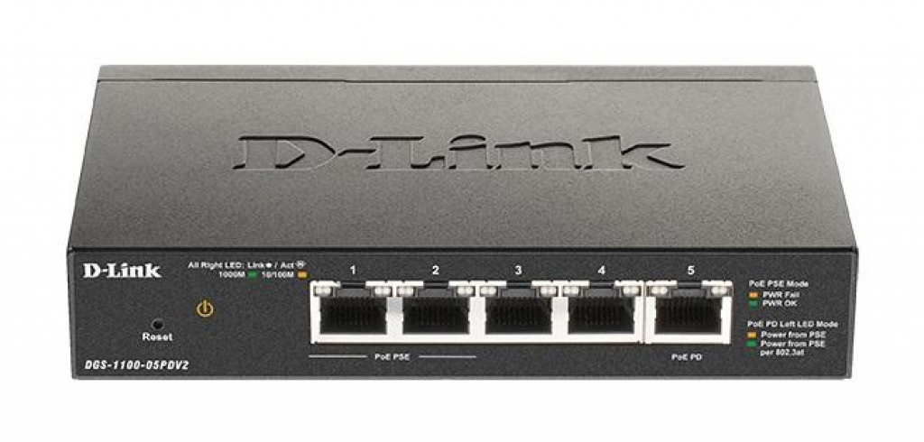 Комутатор/Суич Суич D-Link DGS-1100-05PDV2, 5 портов 10-100-1000 Gigabit Smart Switch,PoE, управляемна ниска цена с бърза доставка - BestPC.BG