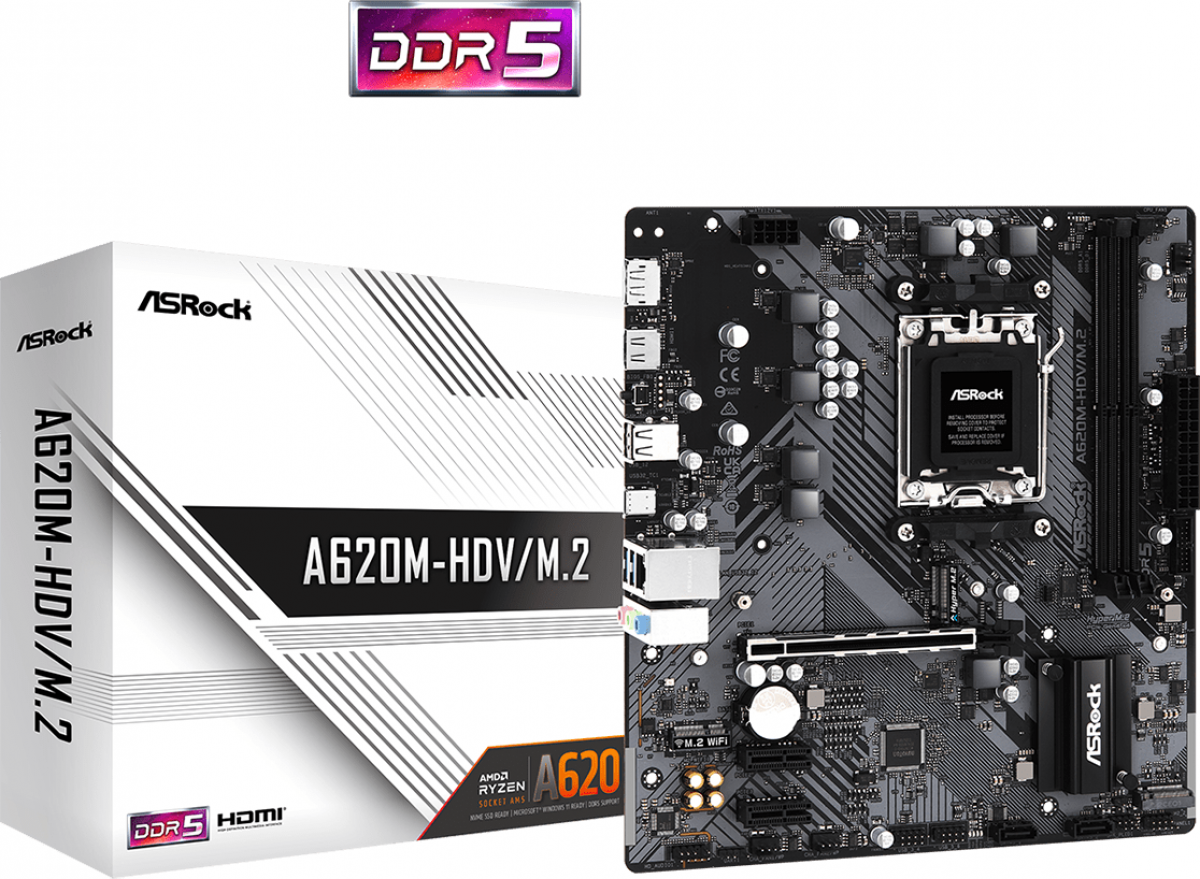 Дънна платка ASROCK MB Desktop A620M-HDV-M2, AM5, 2x DDR5, 1x PCIe 4.0x 16, 2x PCIe 3.0x 1на ниска цена с бърза доставка - BestPC.BG