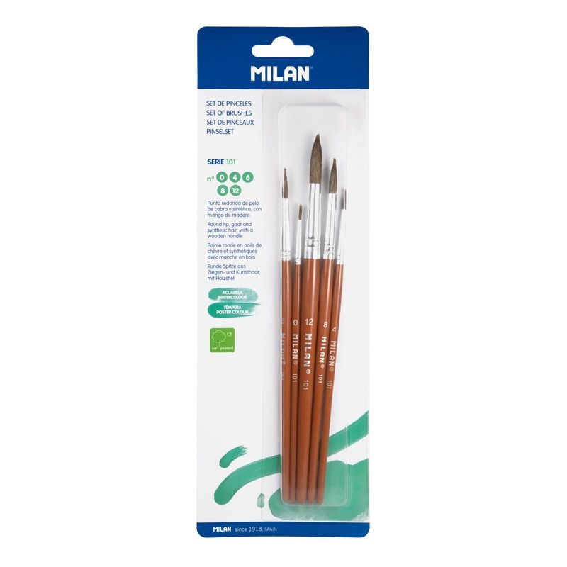 Milan Четка за рисуване 101, 5 броя блистер, номера 0, 4, 6, 8 и 12на ниска цена с бърза доставка - BestPC.BG