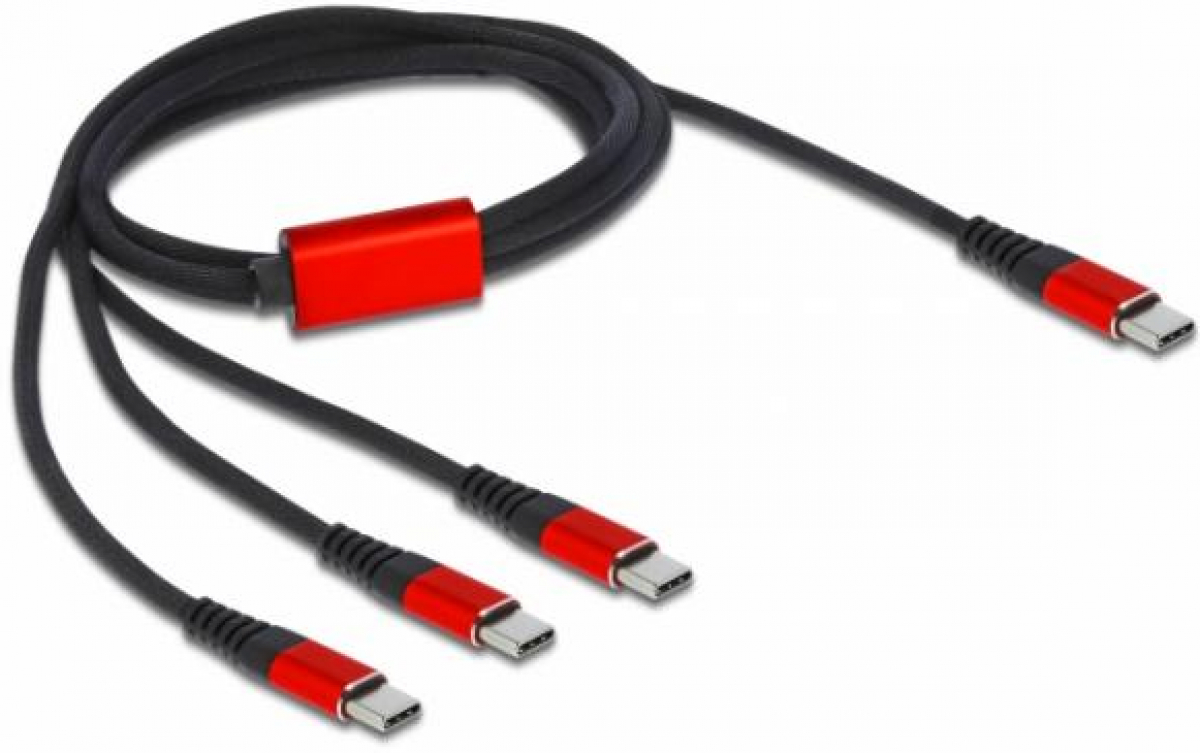 Кабел за зареждане Delock  3 в 1, USB-C - 3 x USB-C, 1м, Черен-Червенна ниска цена с бърза доставка - BestPC.BG
