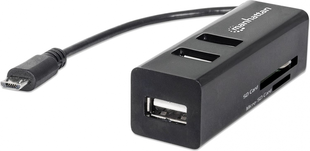 MANHATTAN 406239 :: Четец за карти+ micro USB OTG 24-in-1, 3 порта USB 2.0, черенна ниска цена с бърза доставка - BestPC.BG