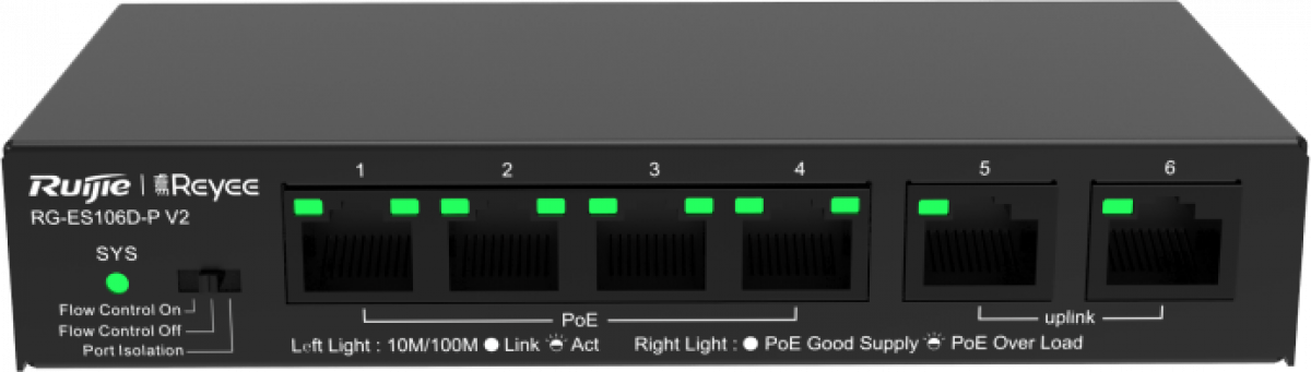 Комутатор/Суич Ruijie RG-ES106D-P V2 , 6x 10/100 Base-T ports, 2xGbE, PoE, 54W, неуправляемна ниска цена с бърза доставка - BestPC.BG