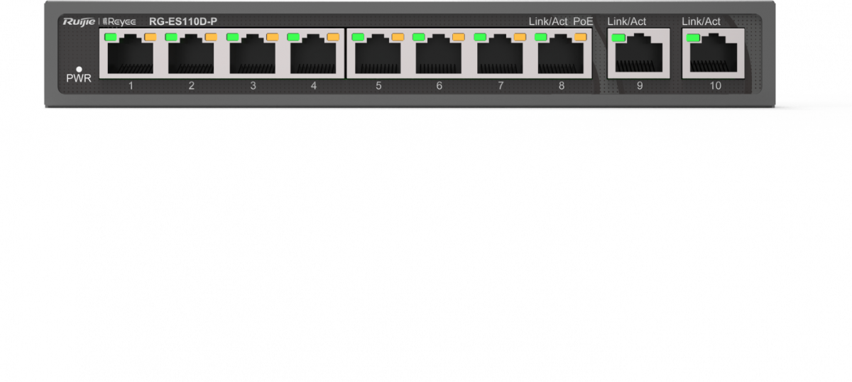 Комутатор/Суич Ruijie RG-ES110D-P, 8x10/100M, 2xGbE, PoE/PoE+, неуправляем, настоленна ниска цена с бърза доставка - BestPC.BG