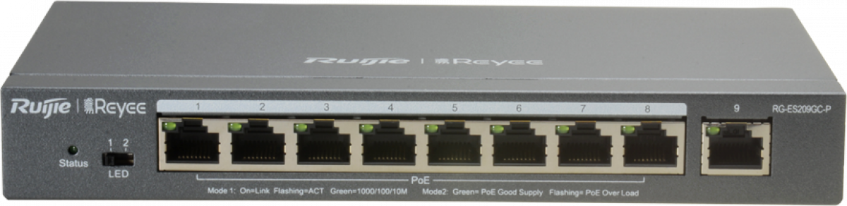 Комутатор/Суич Ruijie RG-ES209GC-P, 9xGbE, PoE+, 120W, до 16 VLAN, настолен, металенна ниска цена с бърза доставка - BestPC.BG