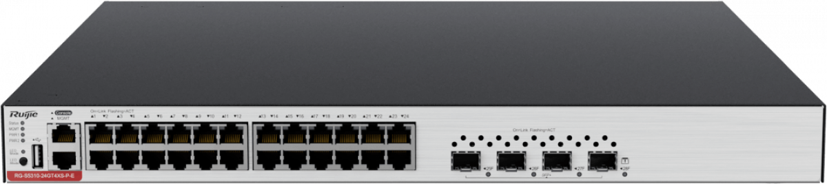 Комутатор/Суич Ruijie RG-S5310-24GT4XS-P-E, 24xGbЕ,POE+, 4xSFP+ 1G/10G, 208 Gbps, L2на ниска цена с бърза доставка - BestPC.BG