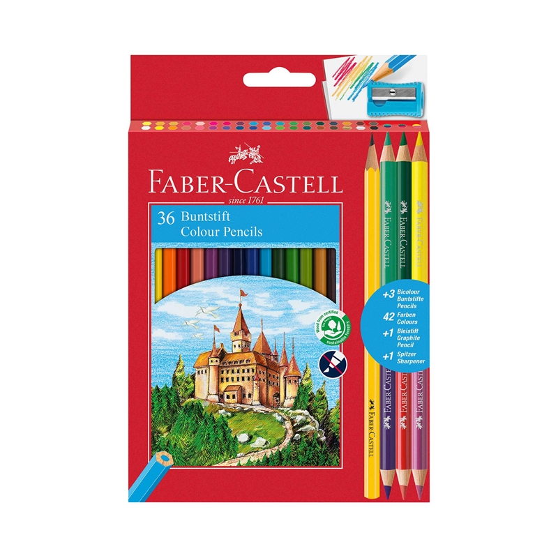 Faber-Castell Цветни моливи Замък 36+6+1 цвята, с включена острилкана ниска цена с бърза доставка - BestPC.BG
