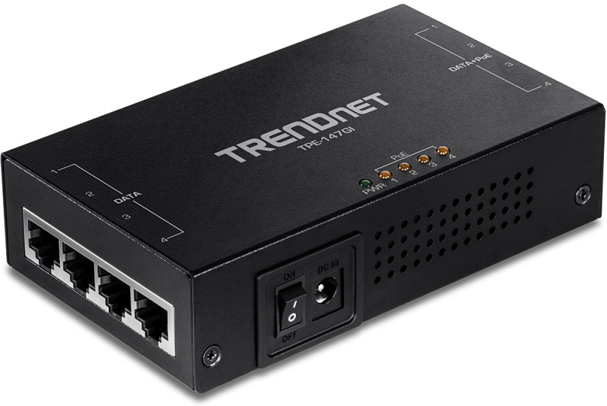 Аксесоар за камера TRENDnet TPE-147GI, PoE+ инжектор 4 порта Gigabit, 65W, черенна ниска цена с бърза доставка - BestPC.BG