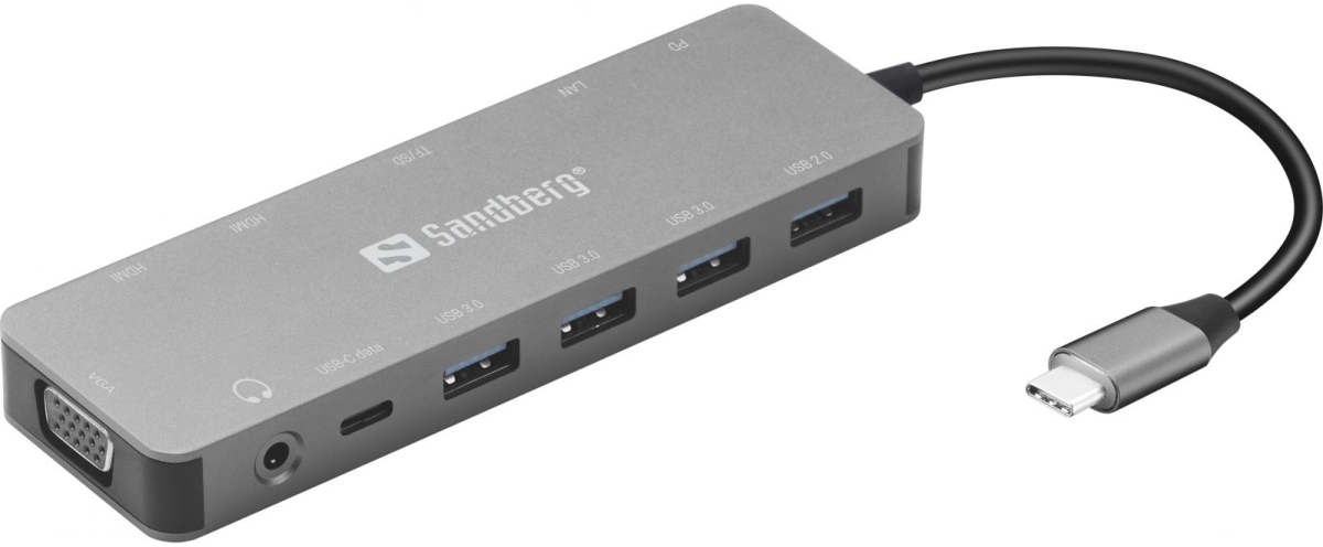 SANDBERG SNB-136-45 :: USB-C докинг станция 13 в 1, USB, HDMI, VGA, LAN, card readerна ниска цена с бърза доставка - BestPC.BG