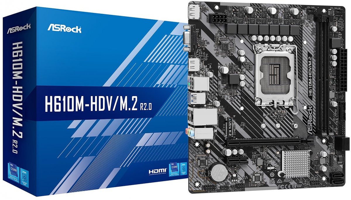 Дънна платка Asrock H610M-HDV/M.2 R2.0, LGA 1700, 2x DDR4, 4x SATA3 6.0Gb-s, 4x USB 3.2, mATXна ниска цена с бърза доставка - BestPC.BG