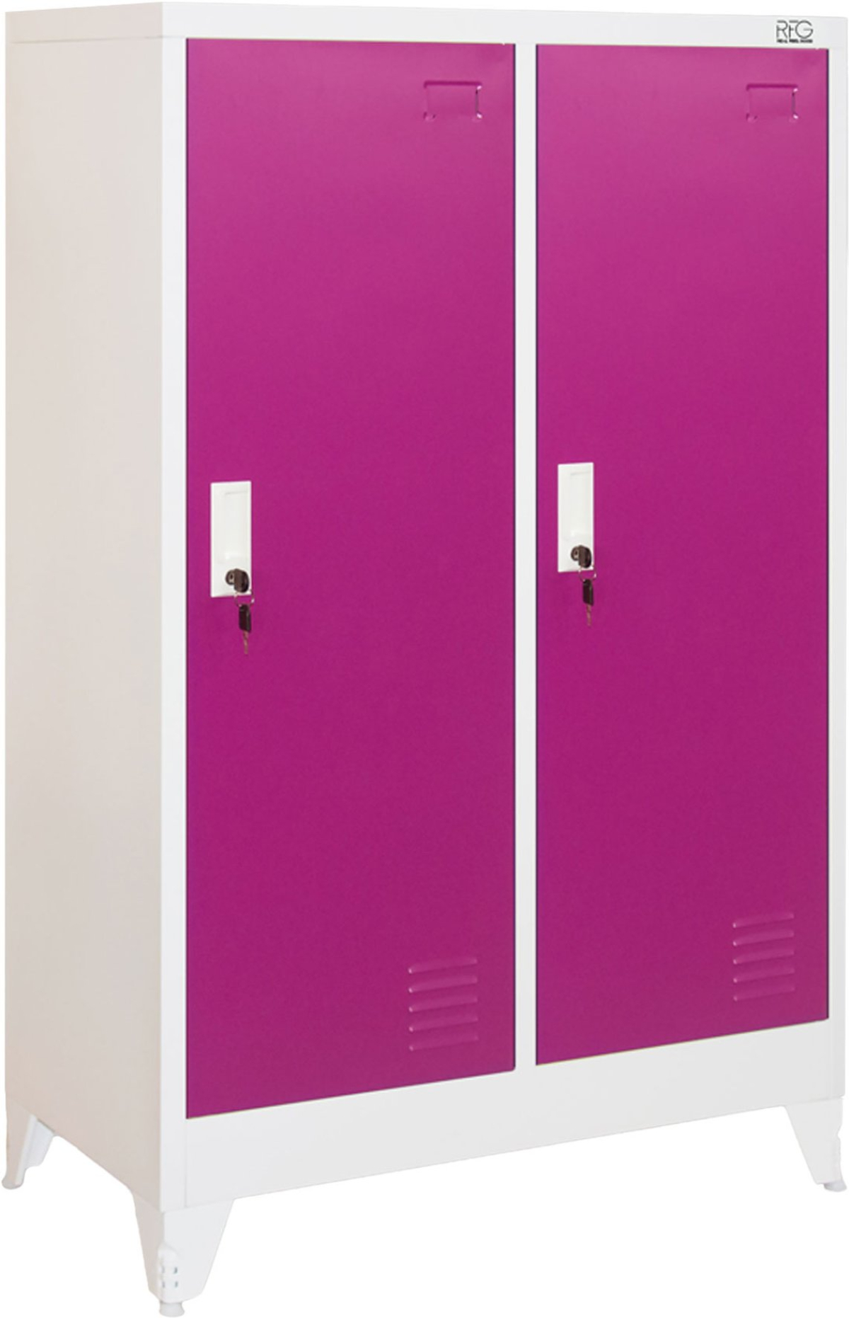 Гардероб RFG, метален, двоен, с две врати, 80 х 40 х 120 cm, бял, с лилави вратина ниска цена с бърза доставка - BestPC.BG