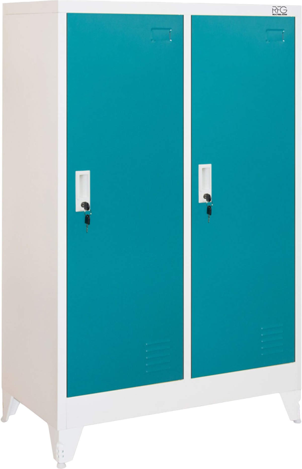 Гардероб RFG, метален, двоен, с две врати, 80 х 40 х 120 cm, бял, с тюркоазени вратина ниска цена с бърза доставка - BestPC.BG
