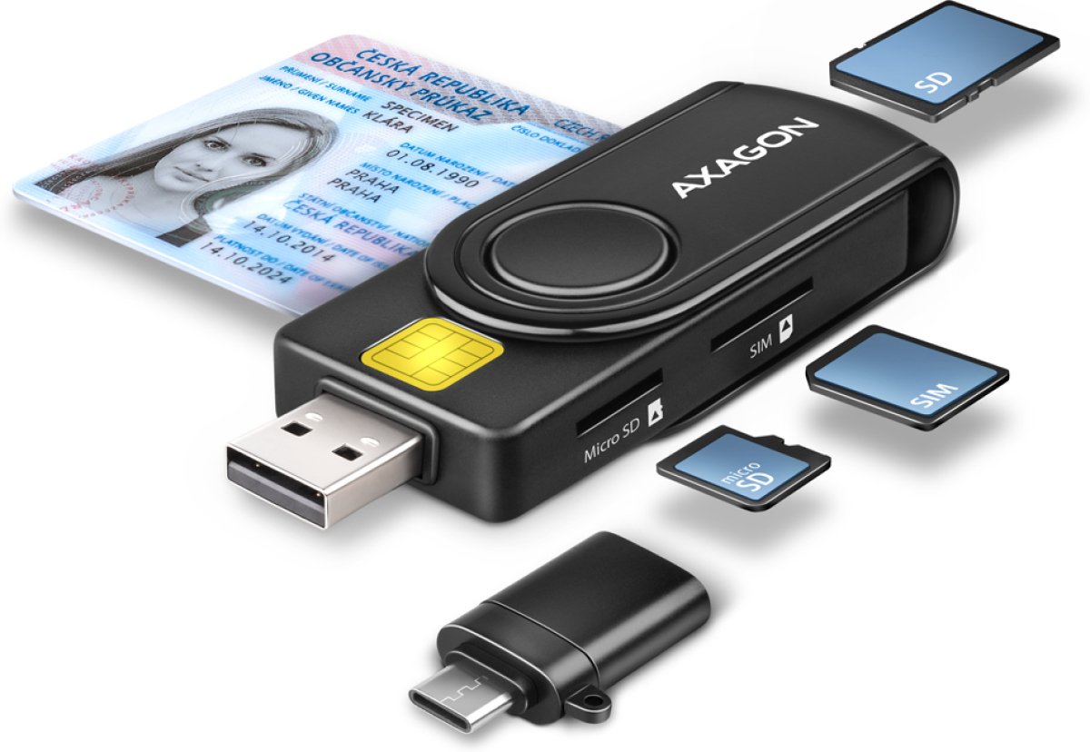 Картов четец AXAGON CRE-SMP2A, SD, mSD, ID, SIM, USB 2.0, ATM, CAC, ID, IC, SIS, Черенна ниска цена с бърза доставка - BestPC.BG