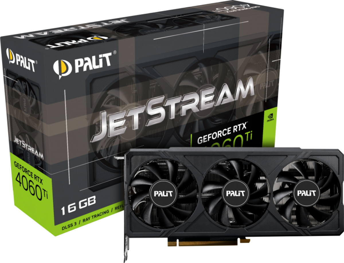 Видеокарта Palit GeForce RTX 4060Ti JetStream, 16GB GDDR6, 3x DP 1.4a, 1x HDMI 2.1a, 128 bitна ниска цена с бърза доставка - BestPC.BG