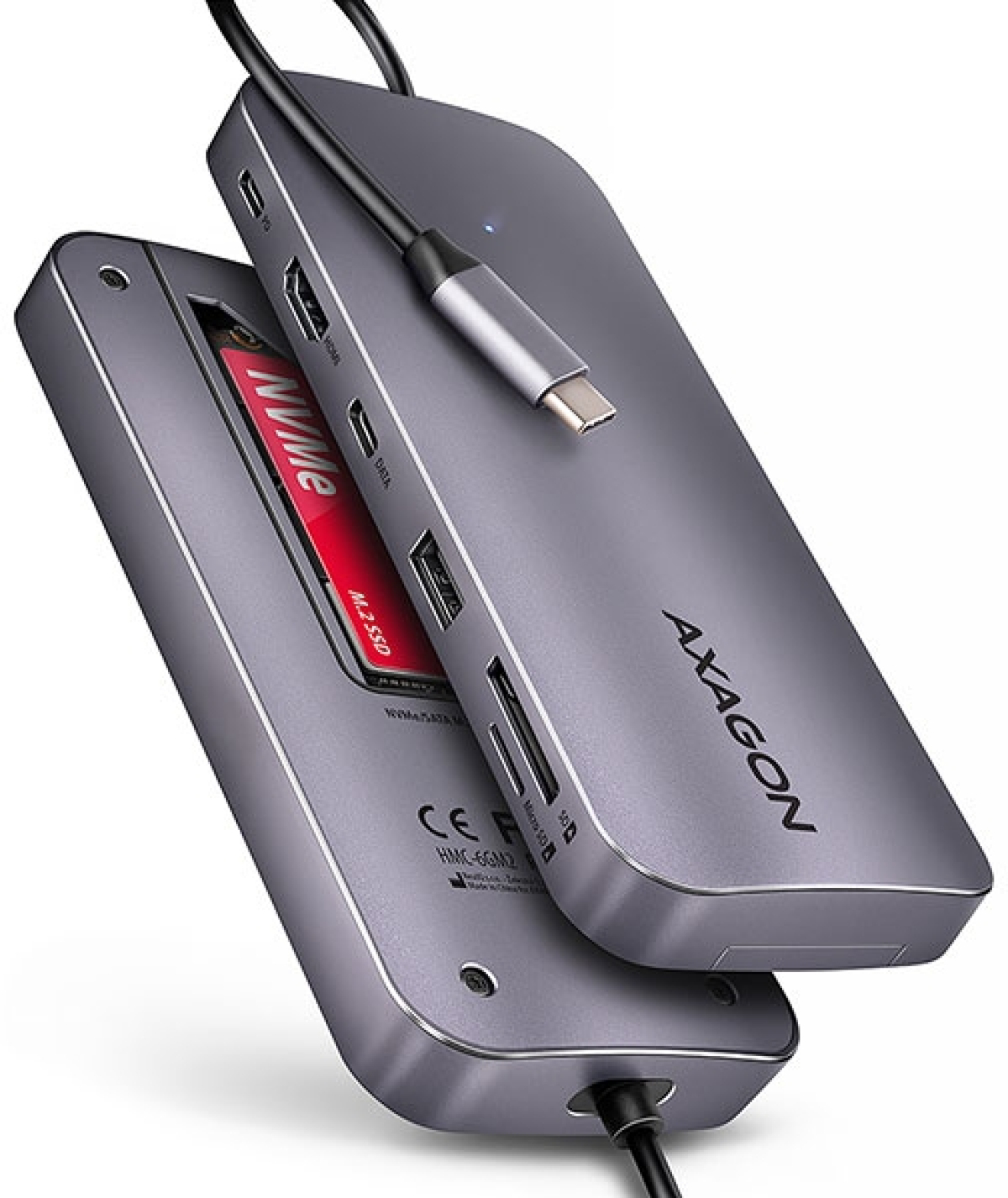Докинг станция AXAGON HMC-6GM2, USB-C Multiport, 10Gbps, M.2, HDMI, CR, Алуминиев, Сивна ниска цена с бърза доставка - BestPC.BG