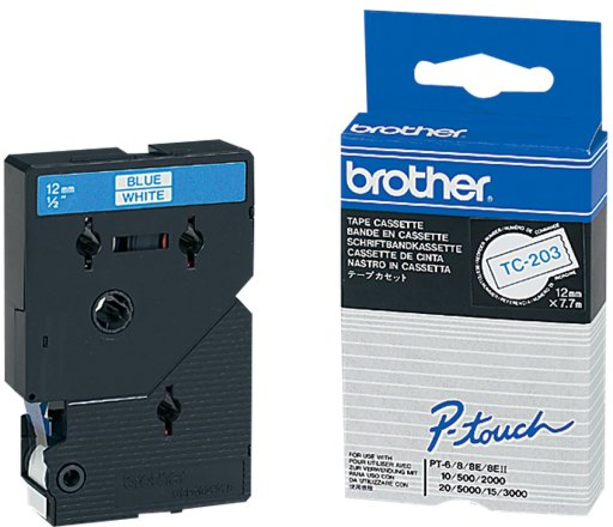 Касета за етикетен принтер BROTHER P-Touch TC-203 blue on white 12mmна ниска цена с бърза доставка - BestPC.BG