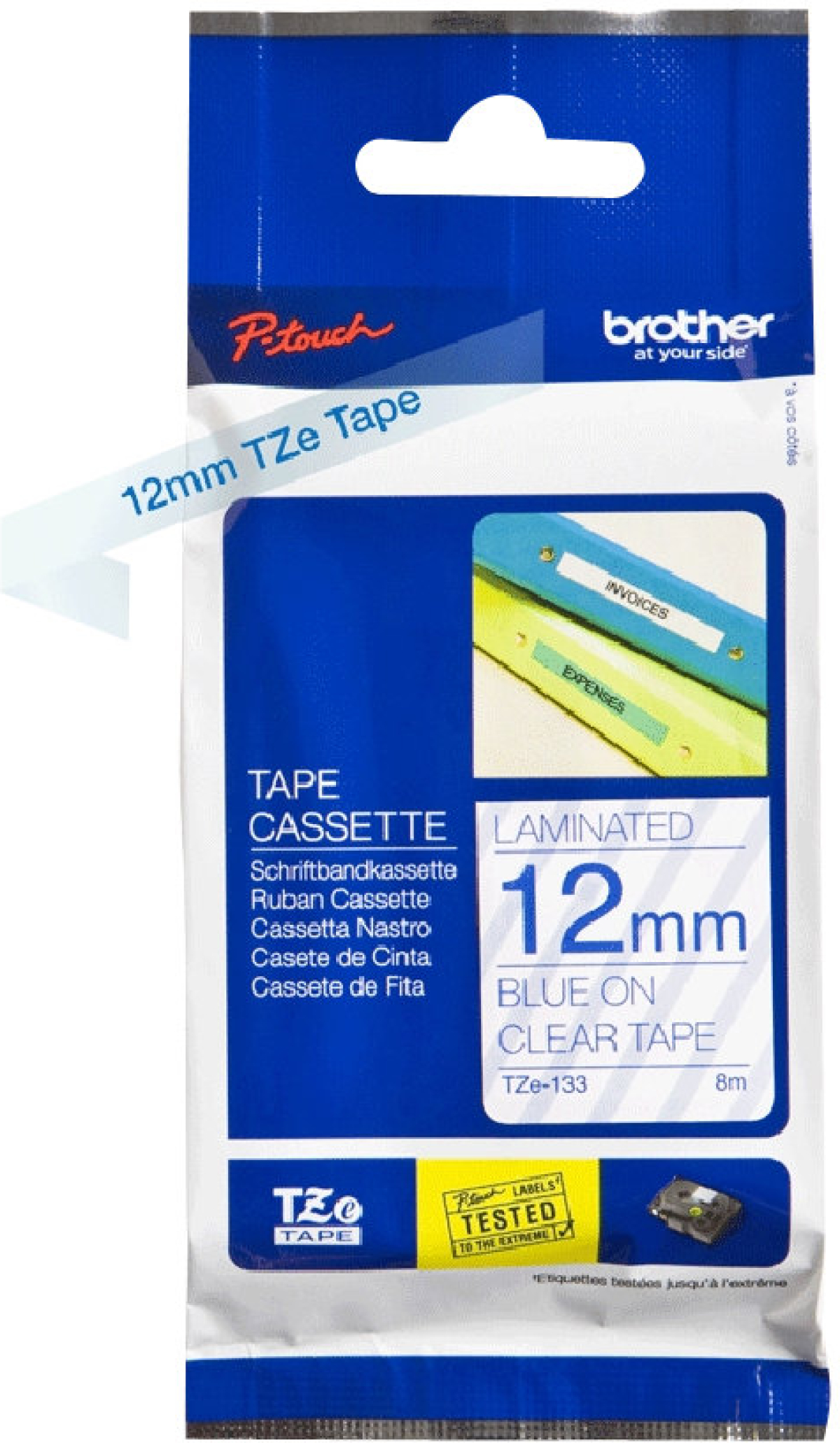 Касета за етикетен принтер BROTHER TZE133 12mm BLUE ON CLEARна ниска цена с бърза доставка - BestPC.BG