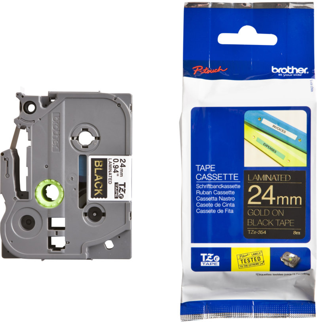Касета за етикетен принтер BROTHER P-Touch TZE-354 gold on black 24mmна ниска цена с бърза доставка - BestPC.BG
