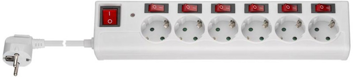 Контакт Разклонител с 6 гнезда и превключватели, 1.5 м захранващ кабел, бялна ниска цена с бърза доставка - BestPC.BG