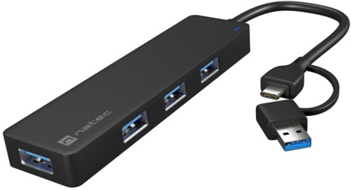 USB Хъб Natec Hub Mayfly USB-C 3.0 4 Port + USB-A Adapter Blackна ниска цена с бърза доставка - BestPC.BG