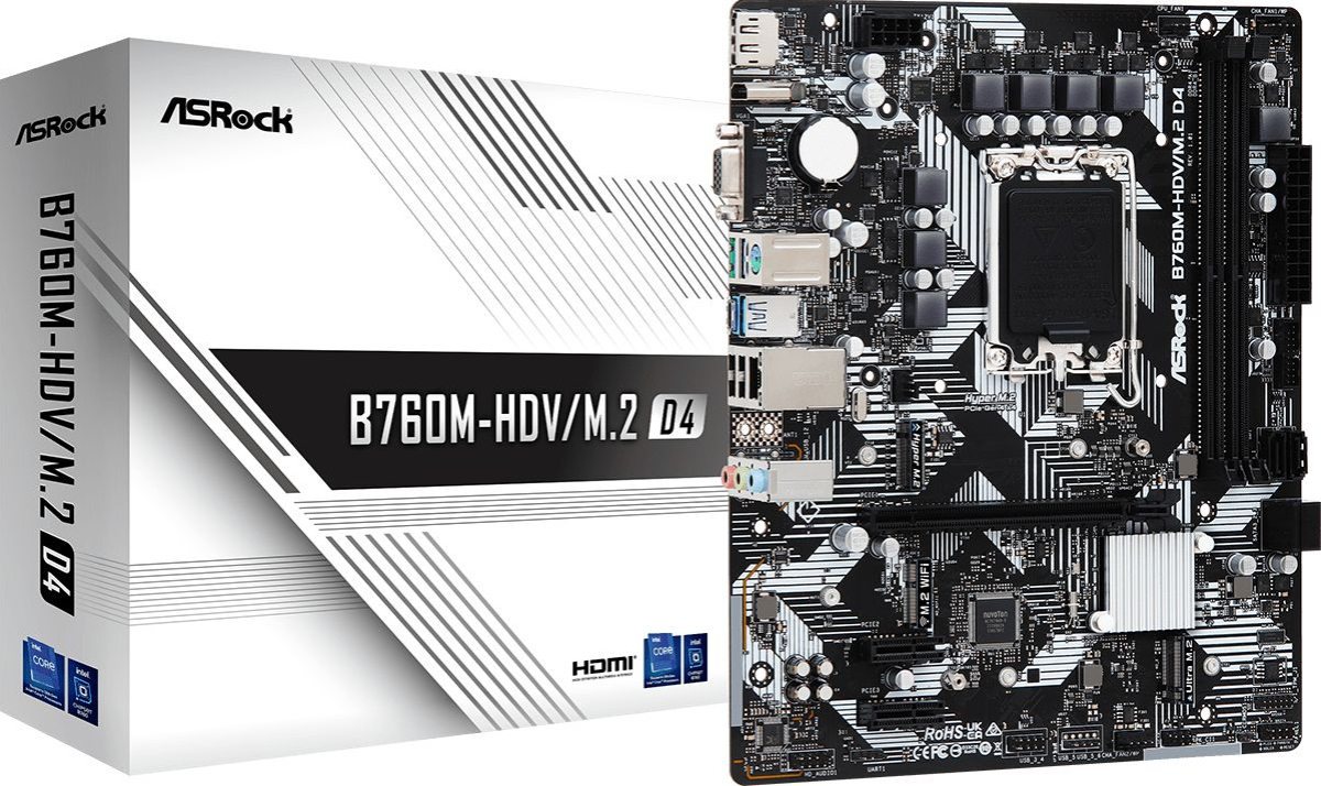 Дънна платка ASRock B760M-HDV/M.2 D4, Micro ATX, LGA1700, 2x DDR4, 1000 Mb/s, HDMI, VGA, DP 1.4на ниска цена с бърза доставка - BestPC.BG