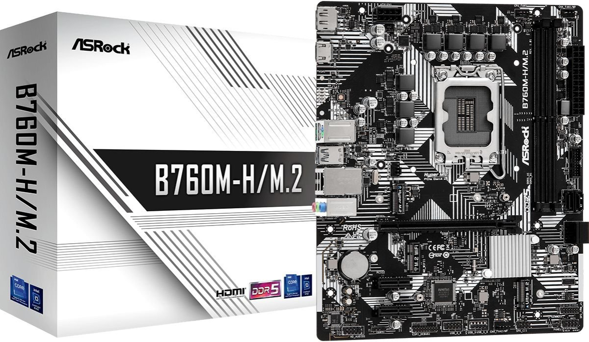 Дънна платка ASRock B760M-H/M.2, LGA1700, 2х DDR5 7200 MHz,1000 Mb/s, HDMI, DPна ниска цена с бърза доставка - BestPC.BG