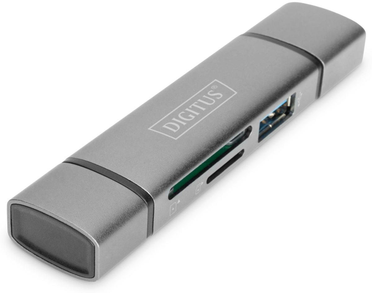 DIGITUS DA-70886 :: Комбиниран четец за карти, USB-C + USB 3.0, Micro-SD, сивна ниска цена с бърза доставка - BestPC.BG