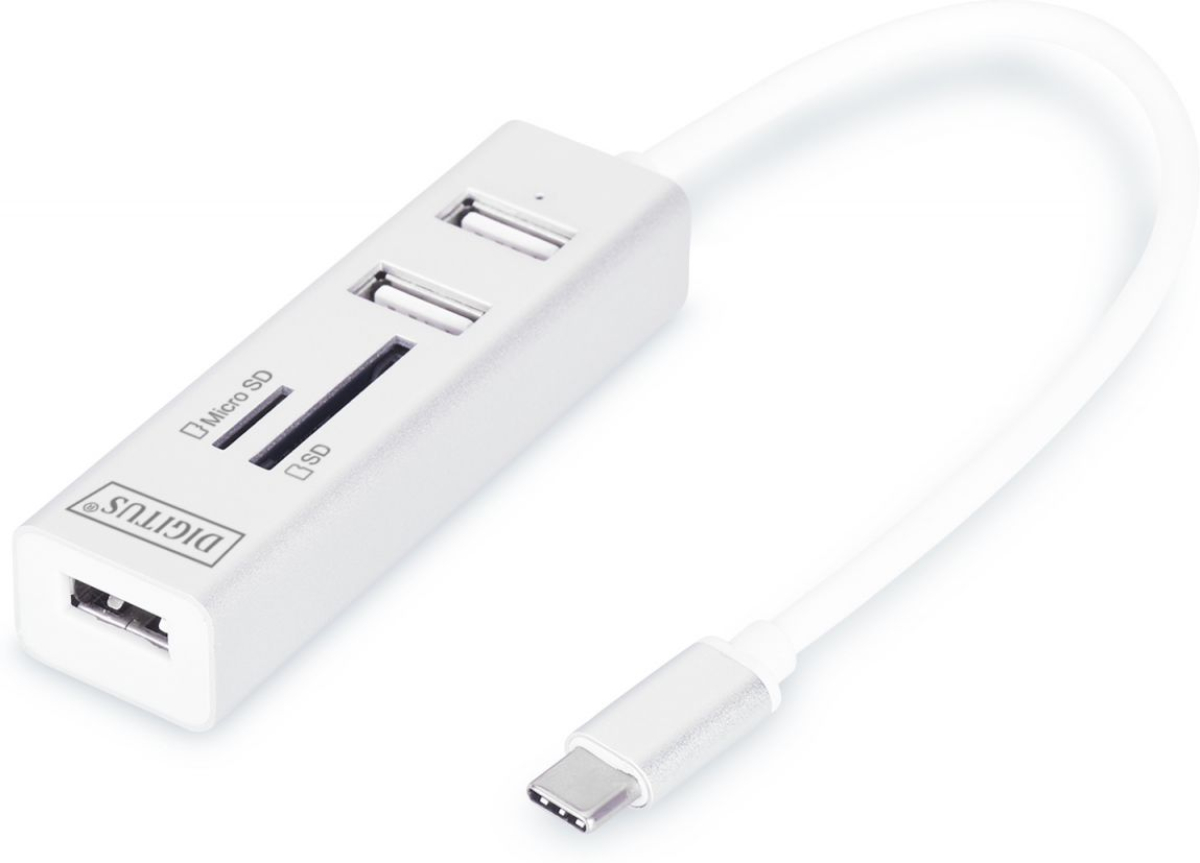 DIGITUS DA-70243 :: USB 2.0 Type C 3-портов хъб + четец за карти, алуминиевна ниска цена с бърза доставка - BestPC.BG