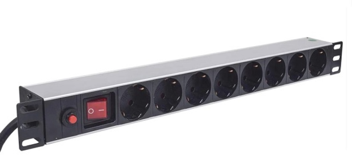 Контакт за шкаф 19in разклонител Шуко 1U с 8 гнезда и 3м кабел + защита от претоварванена ниска цена с бърза доставка - BestPC.BG