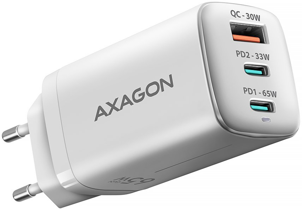 Принадлежност за смартфон Зарядно устройство AXAGON ACU-DPQ65W, 1x USB Type-A, 2x USB Type-C, Бялна ниска цена с бърза доставка - BestPC.BG
