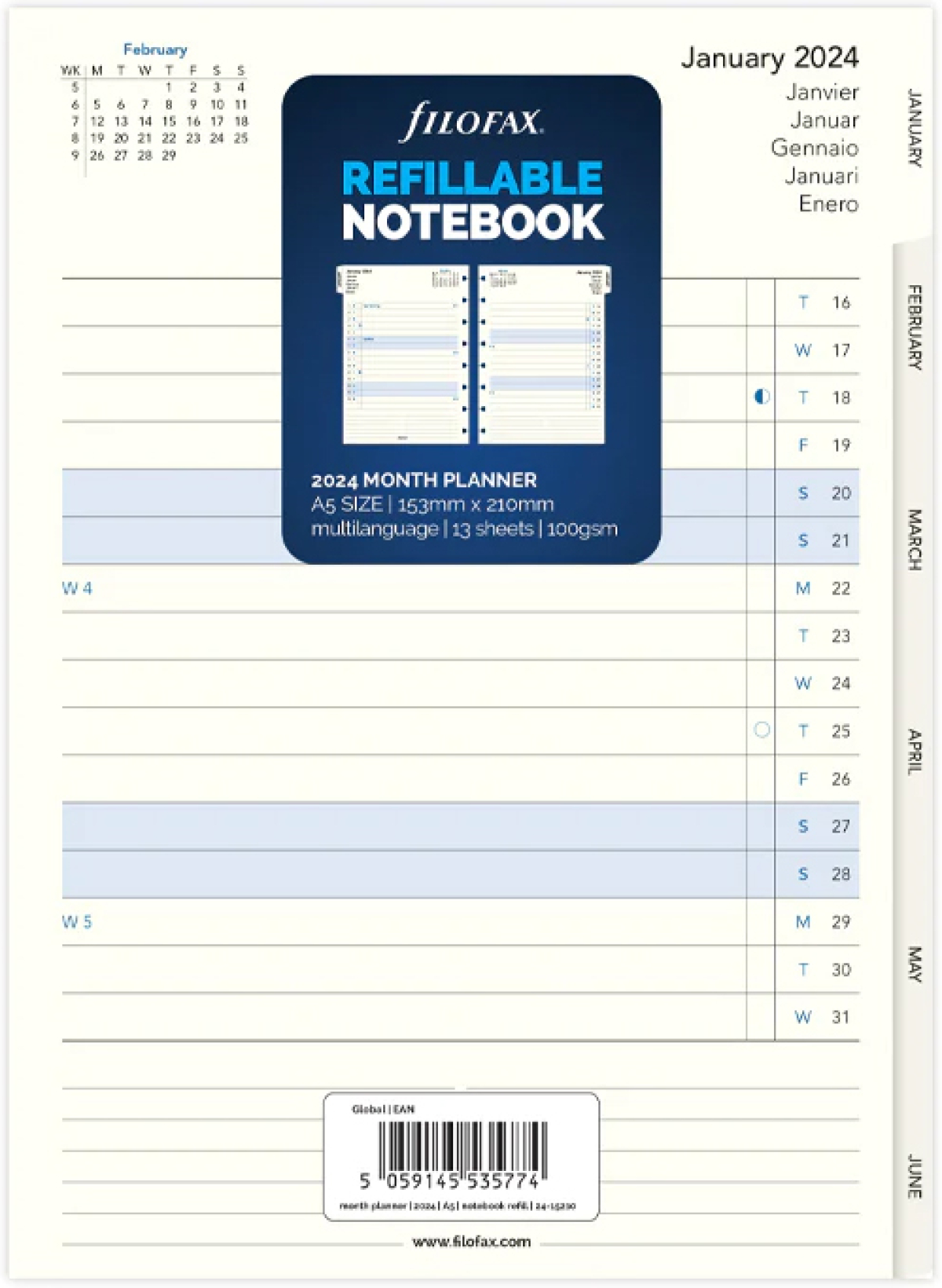 Filofax Пълнител за тефтер, А5, за 2024 година, 1 година на страница в разгъвкана ниска цена с бърза доставка - BestPC.BG