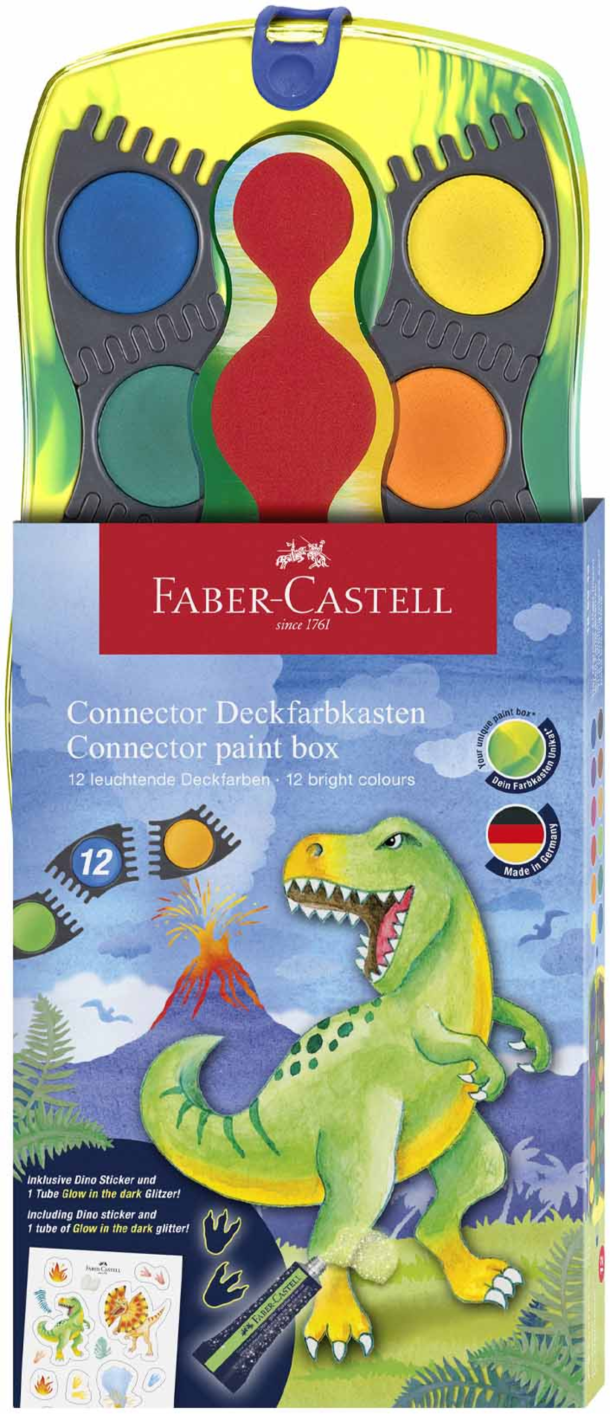 Faber-Castell Акварелни бои Connector - Динозавър, 12 цвятана ниска цена с бърза доставка - BestPC.BG