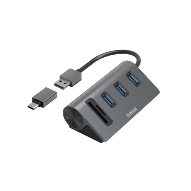 HAMA USB хъб-четец на карти, 5 портов, 3x USB-A, SD, microSD, вкл. USB-C адаптерна ниска цена с бърза доставка - BestPC.BG