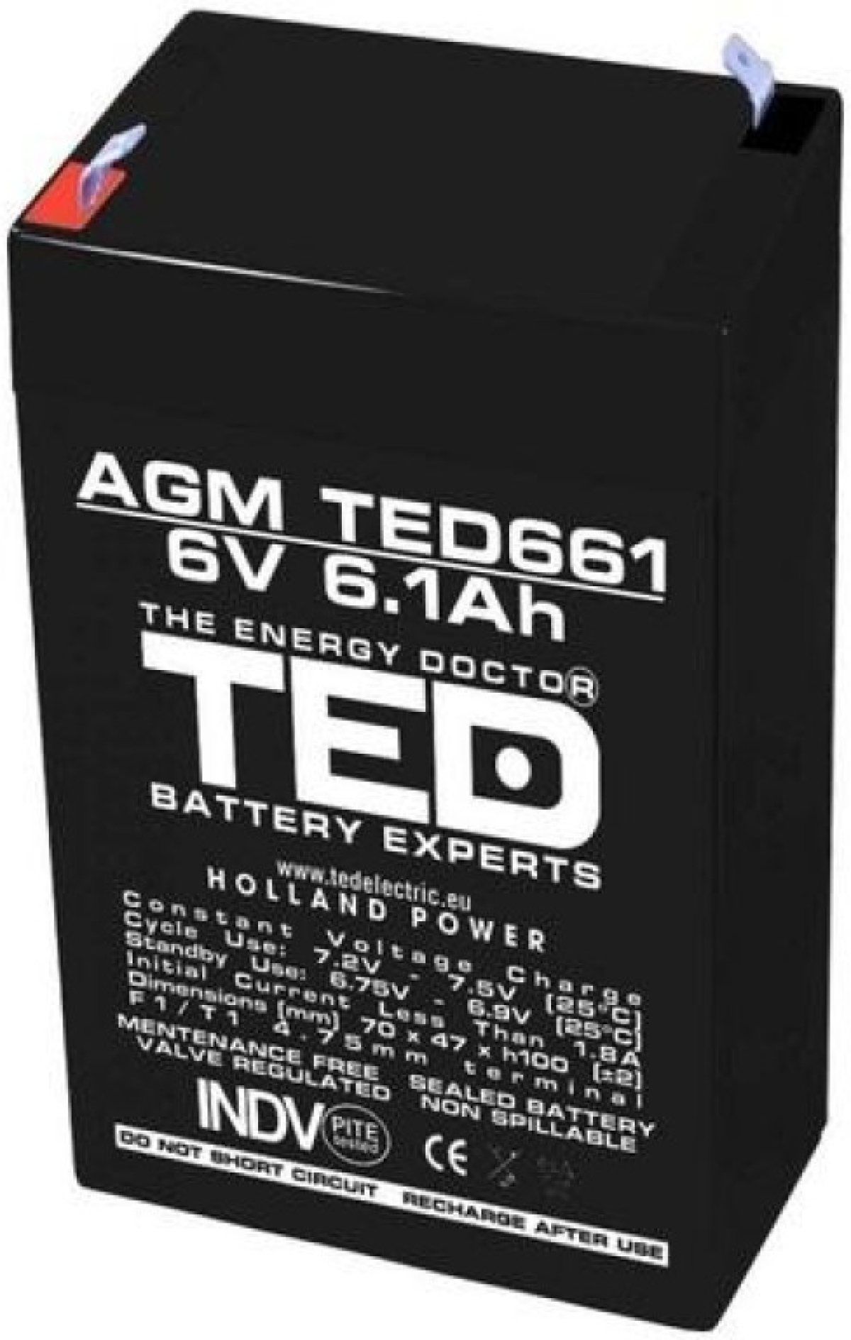 Оловна Батерия TED ELECTRIC, 6V, 6.1Ah, 70- 47- 100 mm, AGMна ниска цена с бърза доставка - BestPC.BG