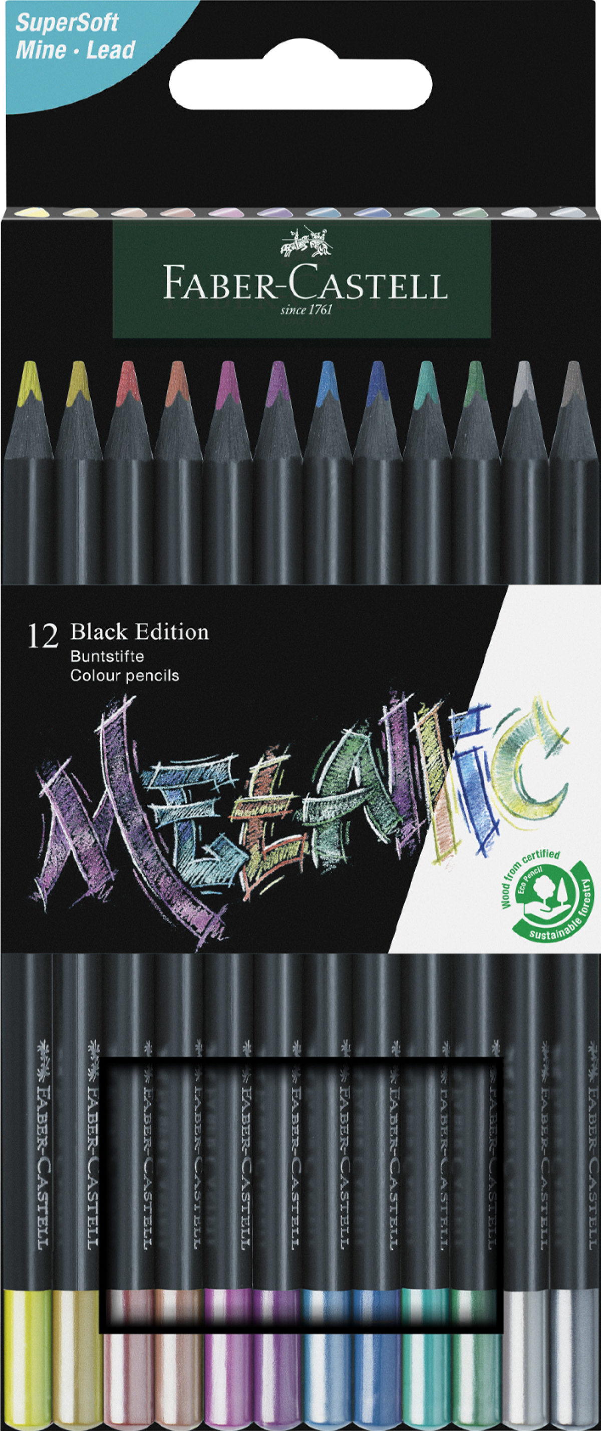 Faber-Castell Моливи Black Edition Metallic, 12 цвятана ниска цена с бърза доставка - BestPC.BG