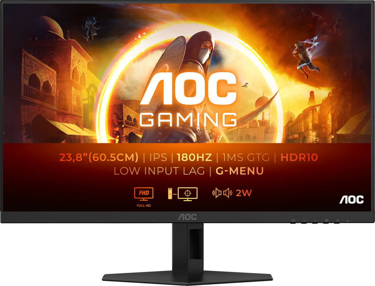 Монитор AOC 24G4XE, 23.8" FHD, 180 Hz, 300 cd/2, HDMI, DisplayPort, 0.5 ms, Матов, 300 cd/m2, Черенна ниска цена с бърза доставка - BestPC.BG