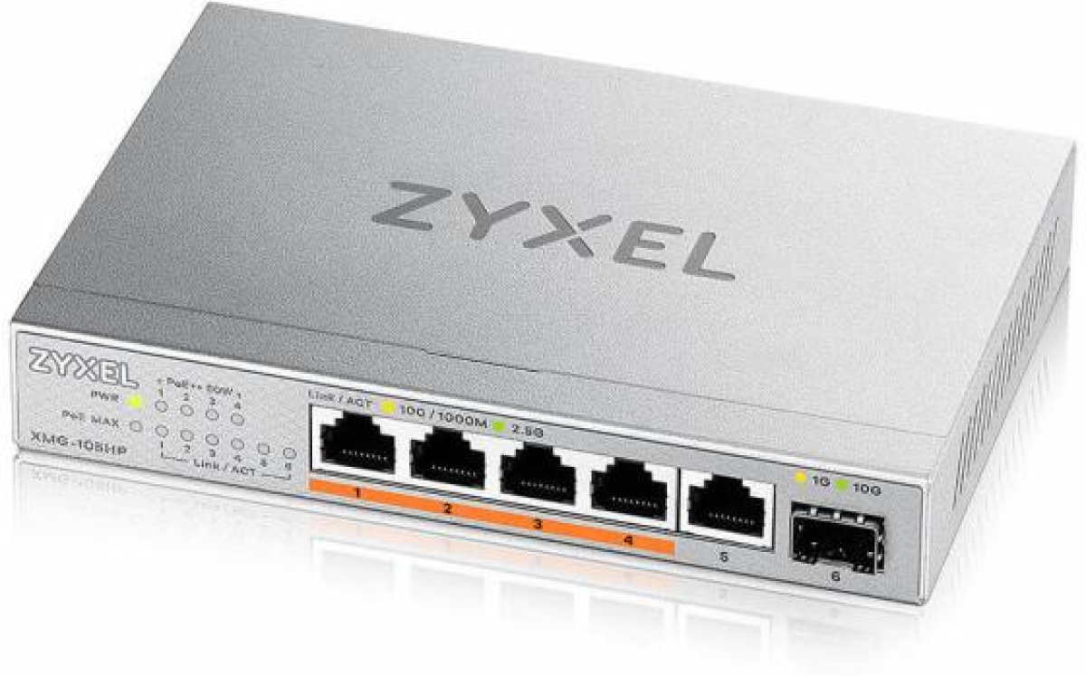 Комутатор/Суич Суич ZyXEL XMG-105HP  5 портов 2,5Gb + 1xSFP+, 4 порта 70W PoE++, неуправляемна ниска цена с бърза доставка - BestPC.BG