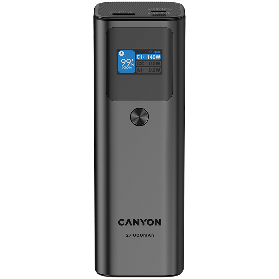 Външна батерия Canyon PB-2010, 27000 mAh, 97.2Wh, 5 A, 140 W, LCD дисплей, Черенна ниска цена с бърза доставка - BestPC.BG