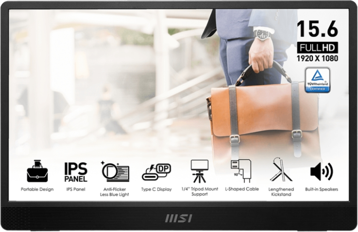 Монитор MSI PRO MP161 E2 15.6” FHD IPS, 250 nits, 60Hz, 4ms, HDMI, USB, DP, Kensington lockна ниска цена с бърза доставка - BestPC.BG