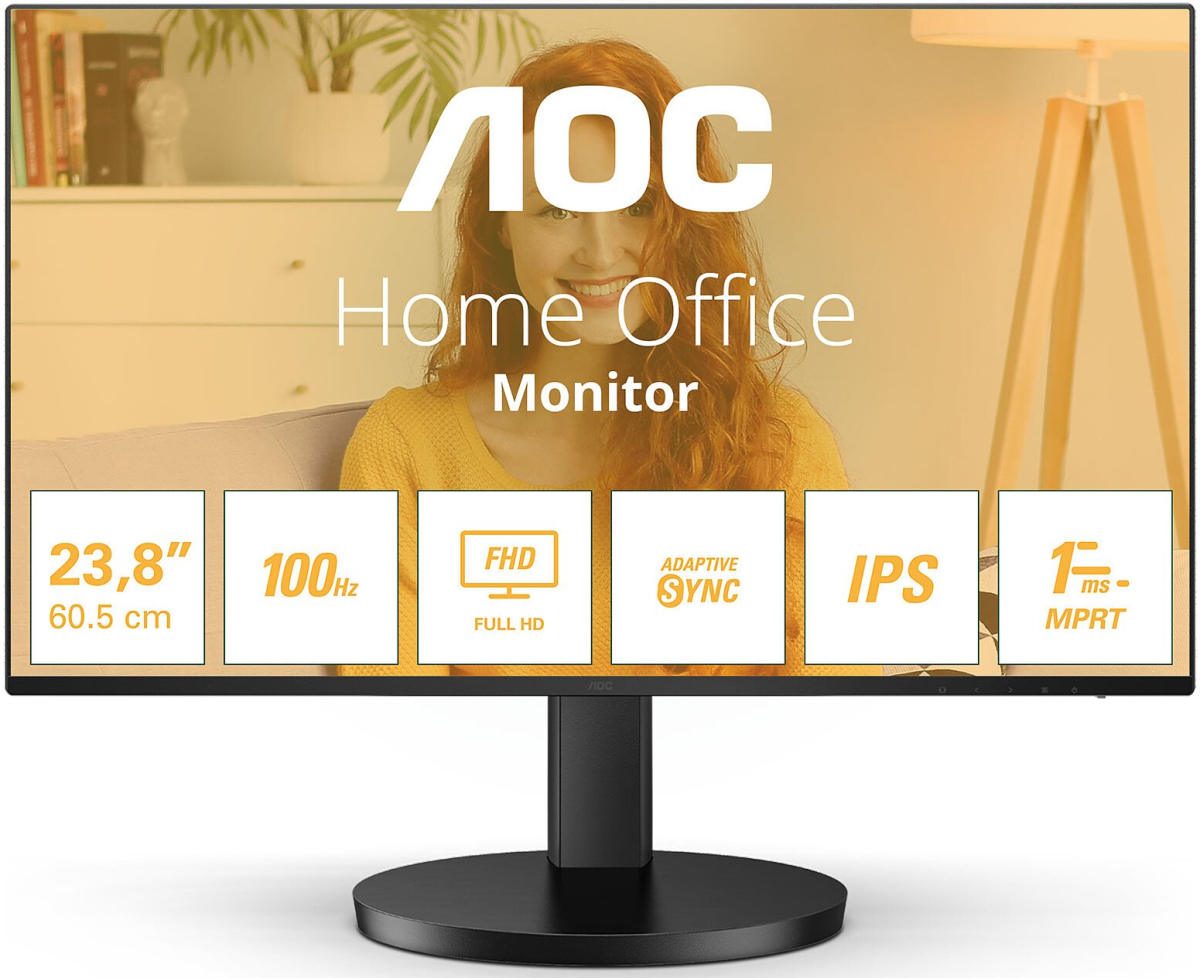 Монитор AOC 24B3HA2, 23.8" Full HD, 16:9, IPS, 0.5 ms, 100 Hz, 250 cd/m2, HDMI, 2x 2W, Черенна ниска цена с бърза доставка - BestPC.BG