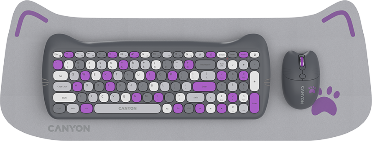 Клавиатура CANYON HSET-W6 EN Keyboard+Mouse Kitty Edition AAA+АА Wireless Violetна ниска цена с бърза доставка - BestPC.BG