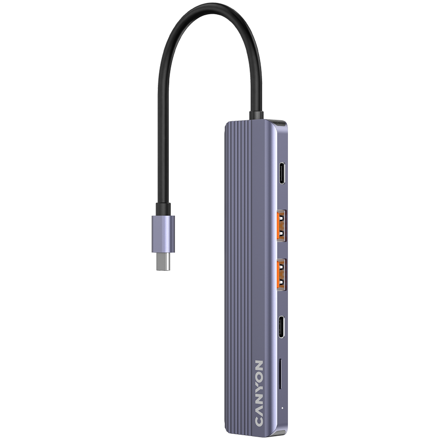 USB Хъб CANYON DS-17 6in1, HDMI 4K Ultra HD, USB-C 10Gbps, MicroSD, PD 100W, Aлуминиев, Сивна ниска цена с бърза доставка - BestPC.BG