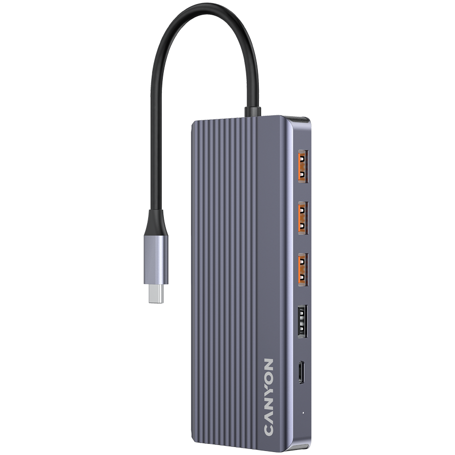 Докинг станция CANYON DS-16 13in1, USB Type-C, 2x HDMI, DP, RJ-45, USB 3.2, MicroSD, Сивна ниска цена с бърза доставка - BestPC.BG
