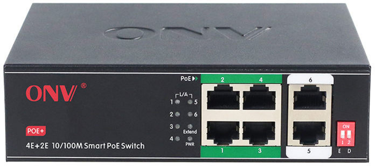 Комутатор/Суич ONV ONV-H1064PLD, 6 портов, 4x 10-100Mbps PоE и 2x RJ-45, IEEE802.3af/at, 65 W PoE, 1.6 Gbps, IP30, черенна ниска цена с бърза доставка - BestPC.BG