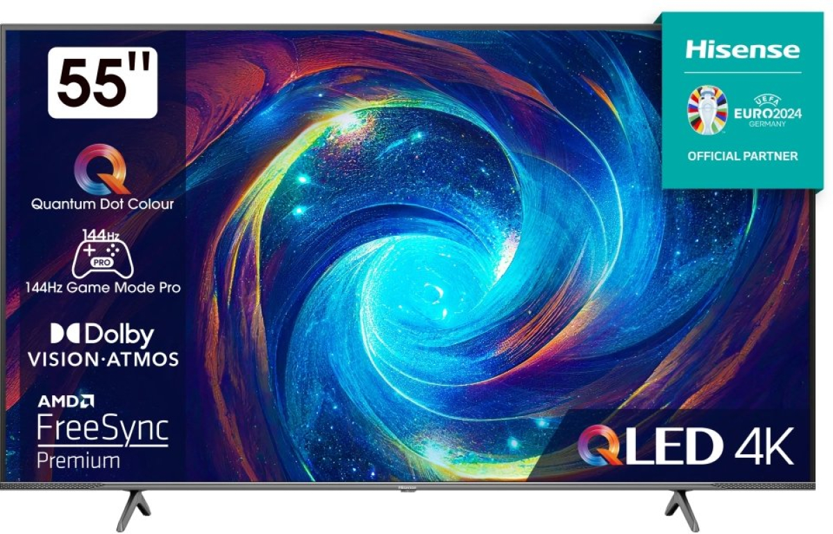 Телевизор Hisense E7NQ Pro, 55" 4K UHD, QLED, 144Hz, WiFi, 2xUSB, LAN, HDMI, 2x 10W, Bluetooth, Черенна ниска цена с бърза доставка - BestPC.BG